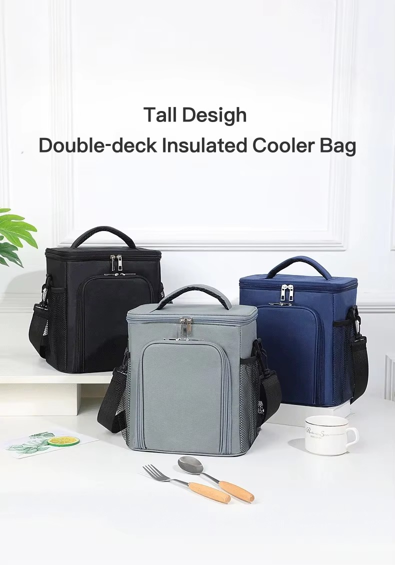 tall double-deck insulated cooler bag shown in black gray and navy blue