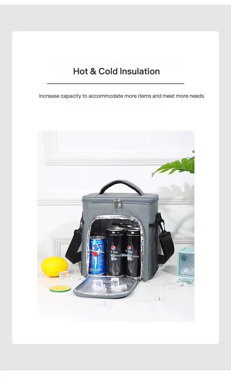 hot and cold insulation front compartment holding canned drinks and ice cubes