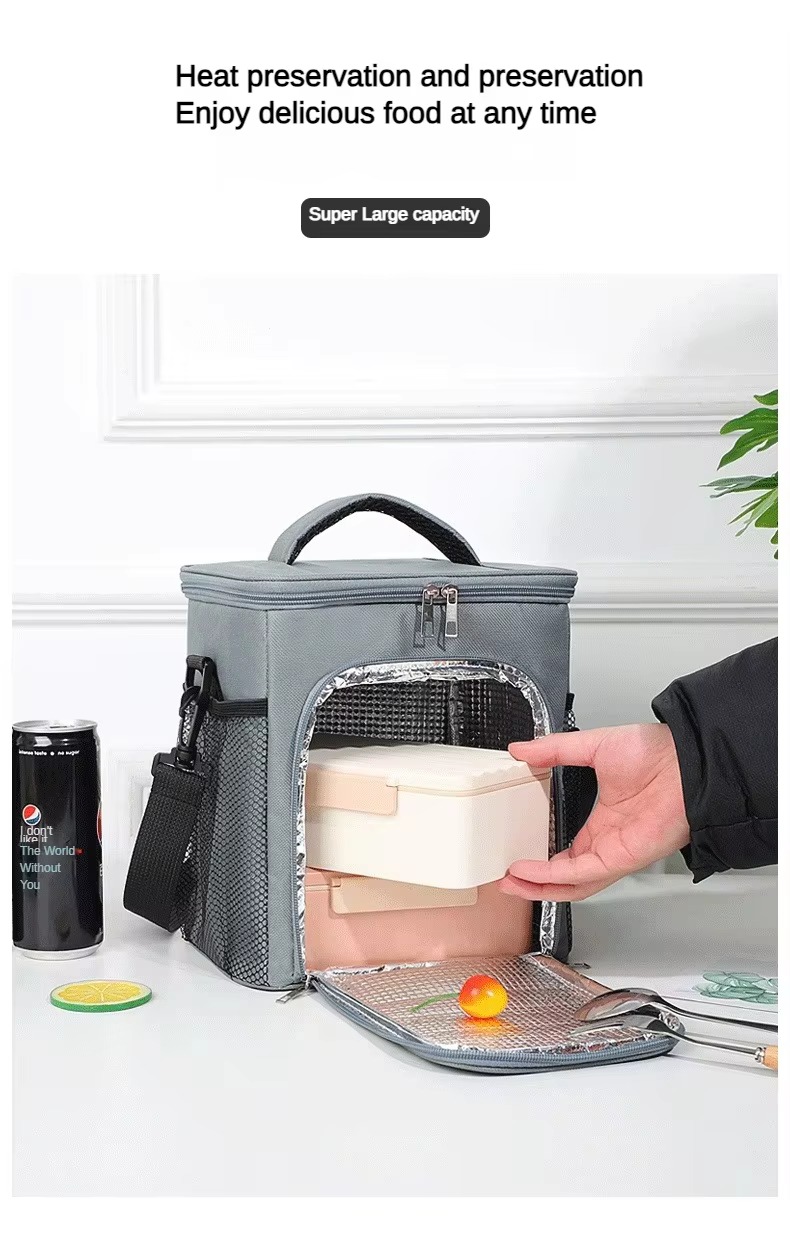 front compartment open showing a meal prep container with heat preservation and large capacity callouts