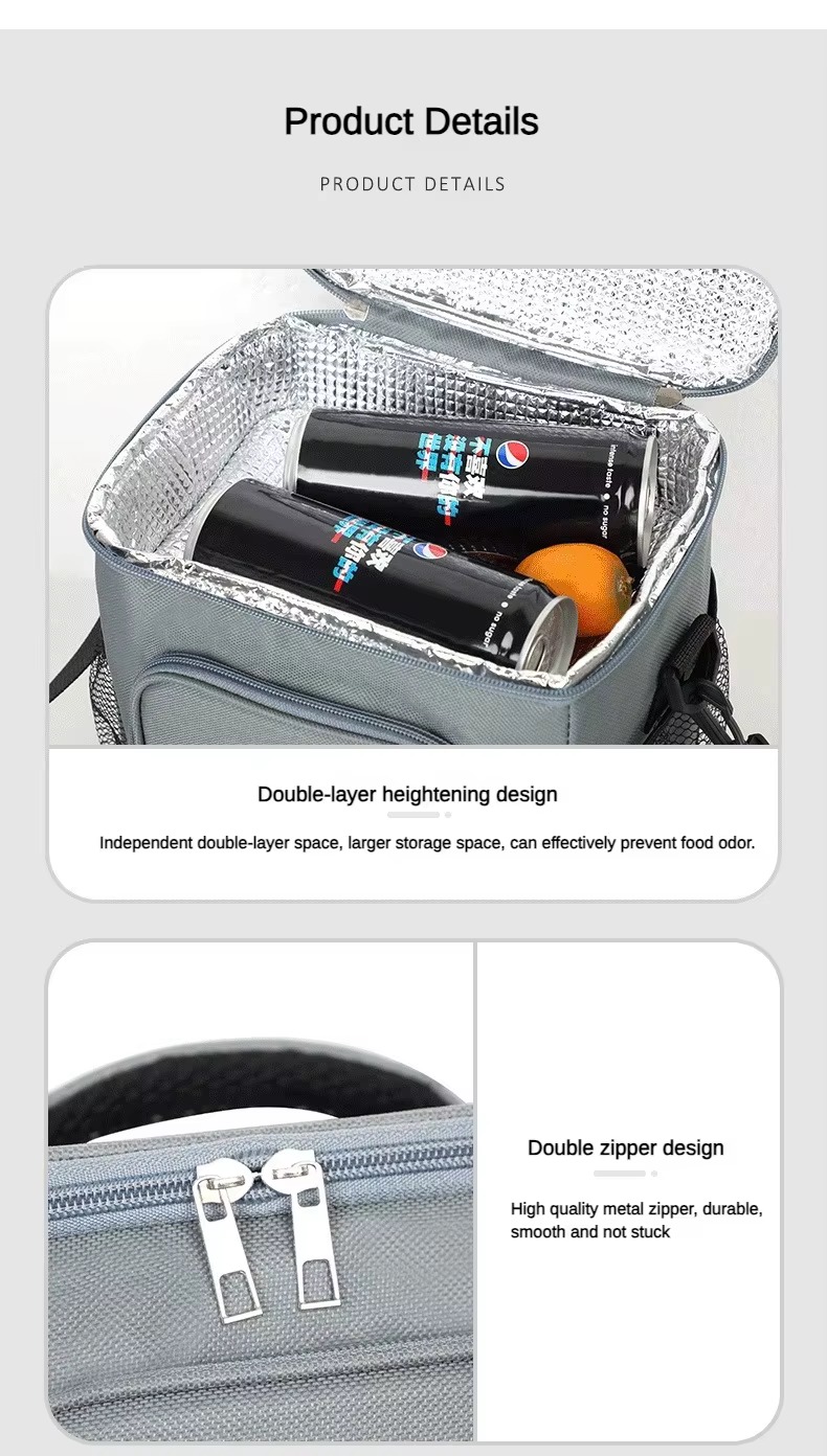 top compartment open showing canned drinks and an orange with double zipper design