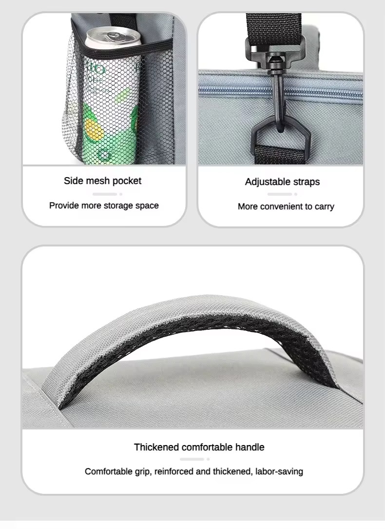 side mesh pocket holding a can and adjustable shoulder strap hardware close-up