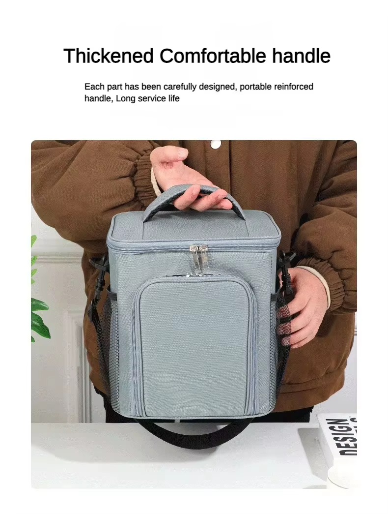 model holding gray bag by the thickened comfortable handle