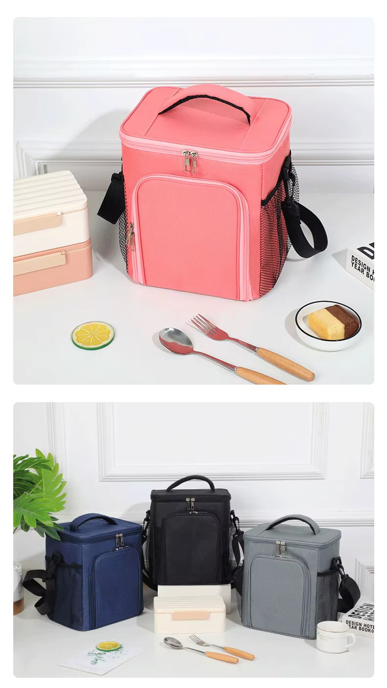 pink and gray bags displayed with lunch boxes and utensils