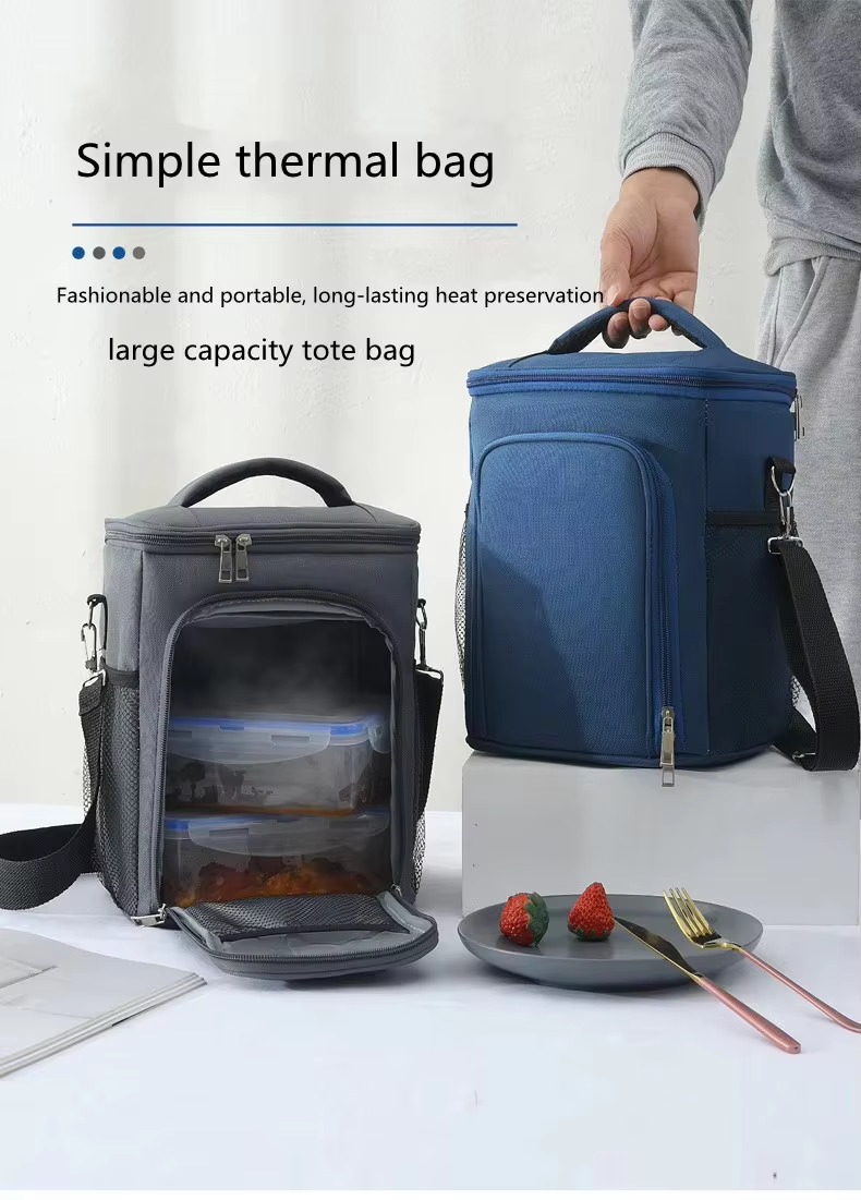 simple thermal tote bag shown in gray and blue with front opening compartment