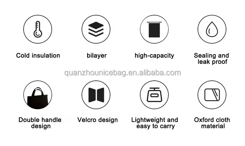 eight feature icons cold insulation bilayer capacity leakproof handle velcro weight and fabric