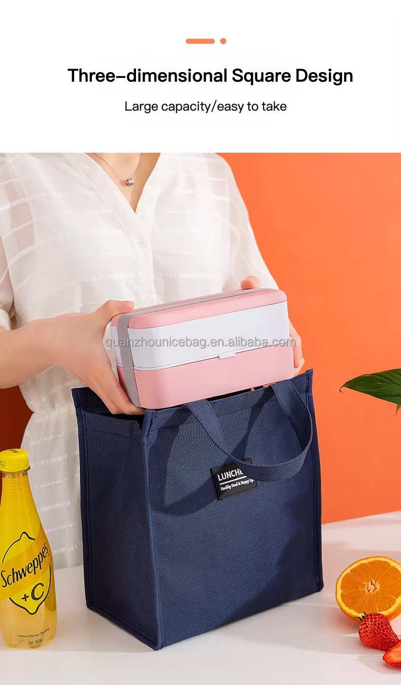 hand placing pink lunch box into open navy bag three-dimensional square design