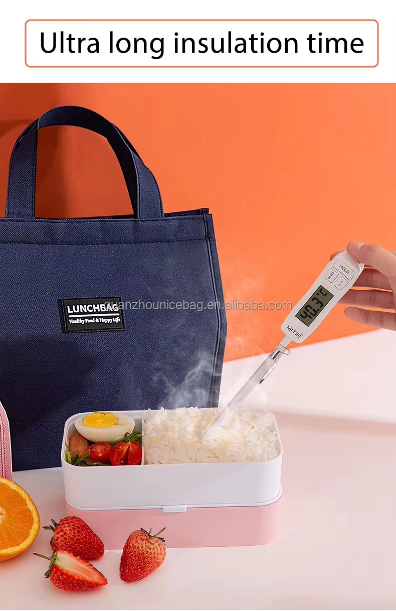 thermometer probe in steaming rice box beside navy bag ultra long insulation caption