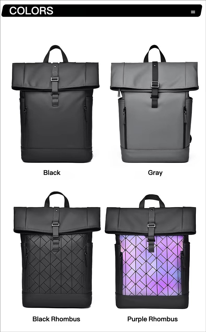 Custom Large Capacity Waterproof PU Roll Top Laptop Backpack Schoolbag Lightweight Outdoor Travel Casual Daypack detail image
