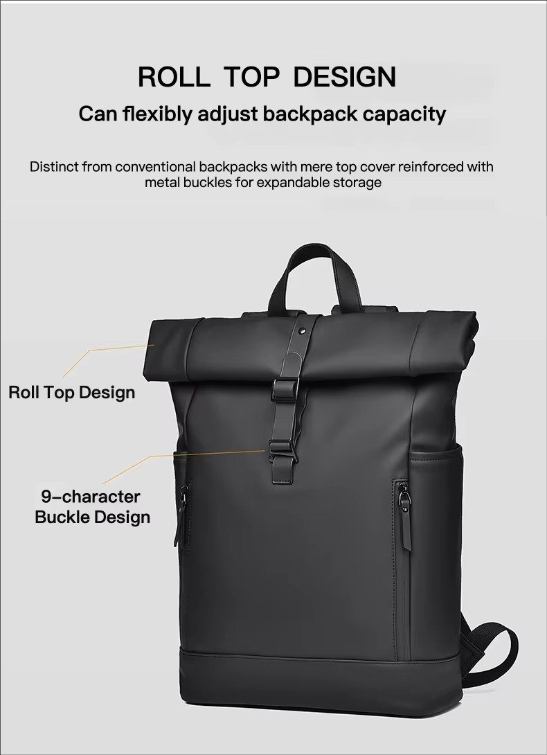 Custom Large Capacity Waterproof PU Roll Top Laptop Backpack Schoolbag Lightweight Outdoor Travel Casual Daypack detail image