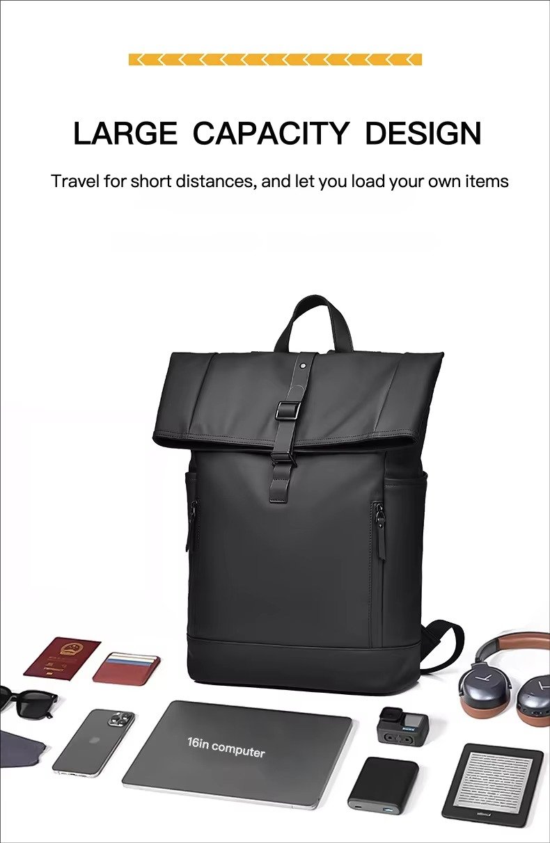Custom Large Capacity Waterproof PU Roll Top Laptop Backpack Schoolbag Lightweight Outdoor Travel Casual Daypack detail image