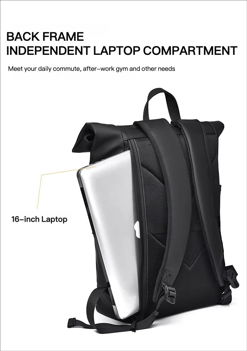 Custom Large Capacity Waterproof PU Roll Top Laptop Backpack Schoolbag Lightweight Outdoor Travel Casual Daypack detail image