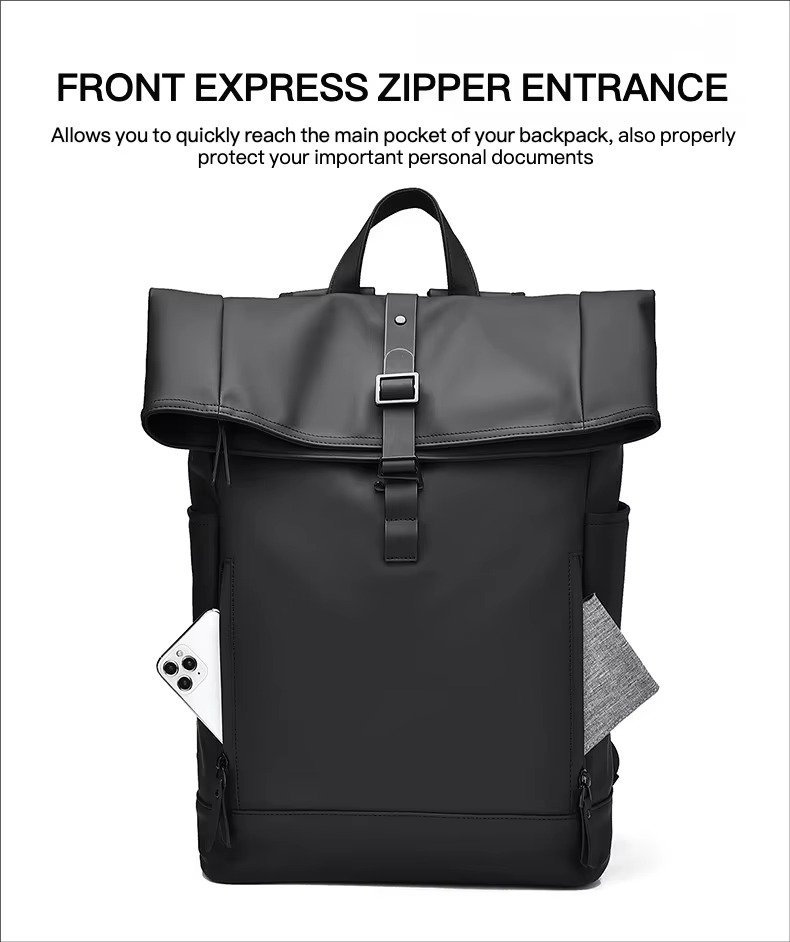 Custom Large Capacity Waterproof PU Roll Top Laptop Backpack Schoolbag Lightweight Outdoor Travel Casual Daypack detail image