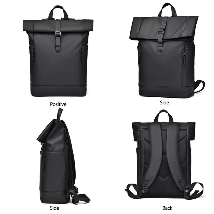 Custom Large Capacity Waterproof PU Roll Top Laptop Backpack Schoolbag Lightweight Outdoor Travel Casual Daypack detail image
