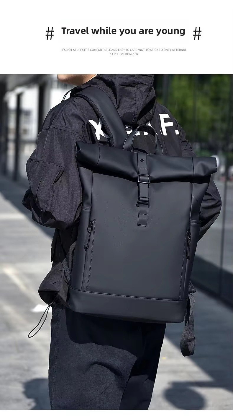 Custom Large Capacity Waterproof PU Roll Top Laptop Backpack Schoolbag Lightweight Outdoor Travel Casual Daypack detail image