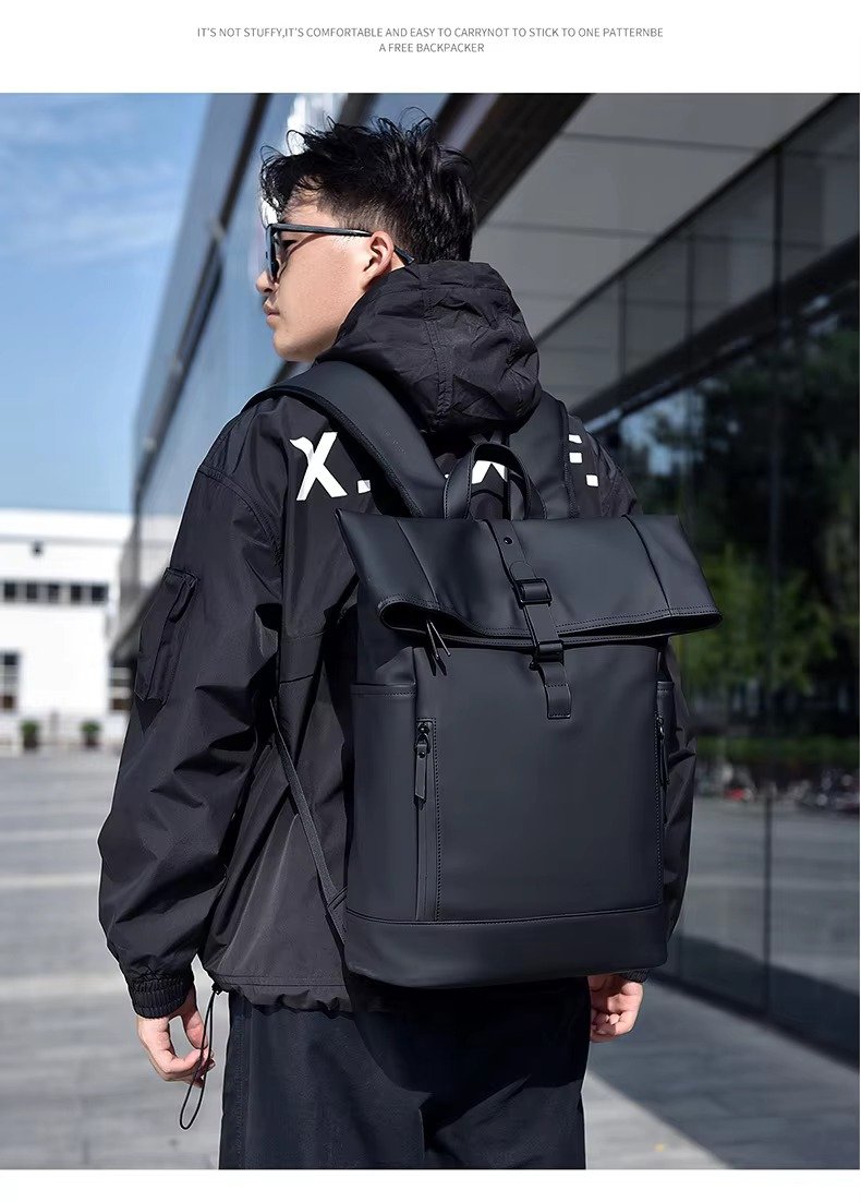 Custom Large Capacity Waterproof PU Roll Top Laptop Backpack Schoolbag Lightweight Outdoor Travel Casual Daypack detail image