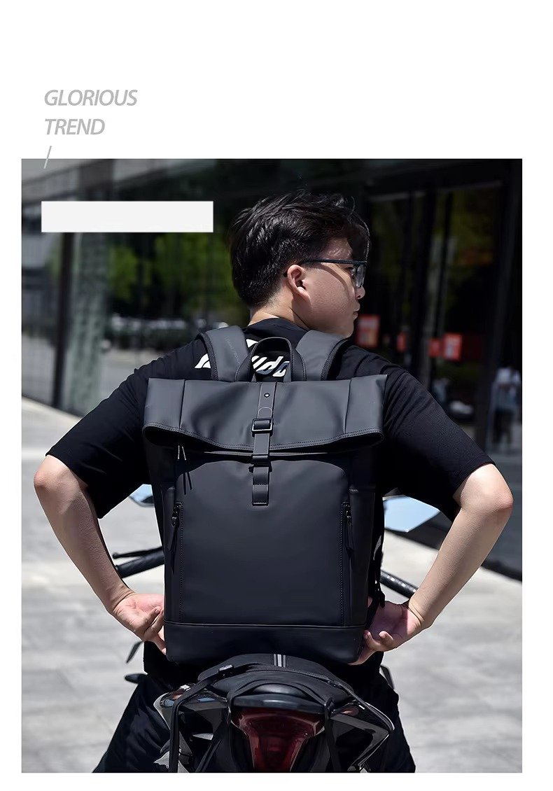 Custom Large Capacity Waterproof PU Roll Top Laptop Backpack Schoolbag Lightweight Outdoor Travel Casual Daypack detail image