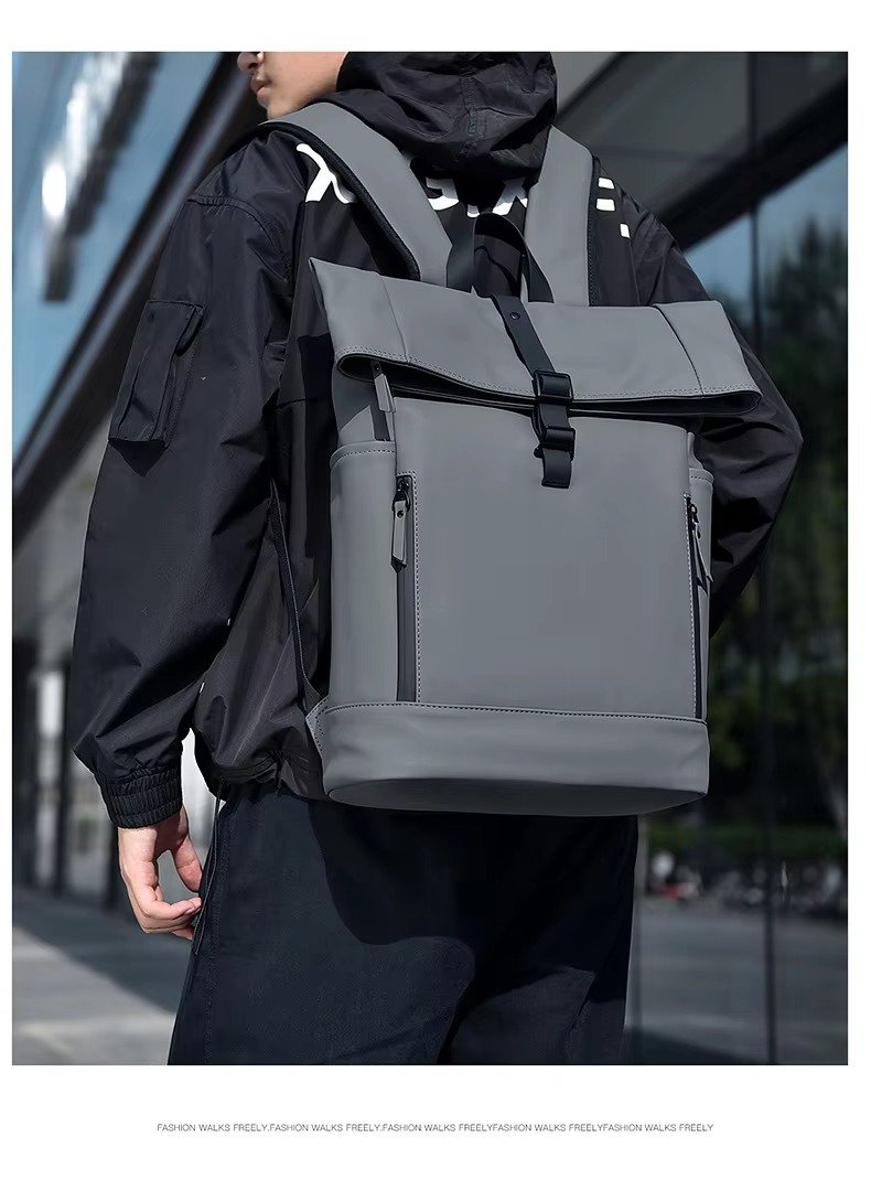 Custom Large Capacity Waterproof PU Roll Top Laptop Backpack Schoolbag Lightweight Outdoor Travel Casual Daypack detail image