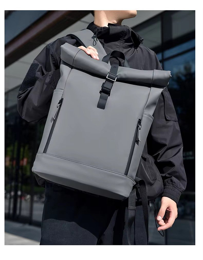 Custom Large Capacity Waterproof PU Roll Top Laptop Backpack Schoolbag Lightweight Outdoor Travel Casual Daypack detail image
