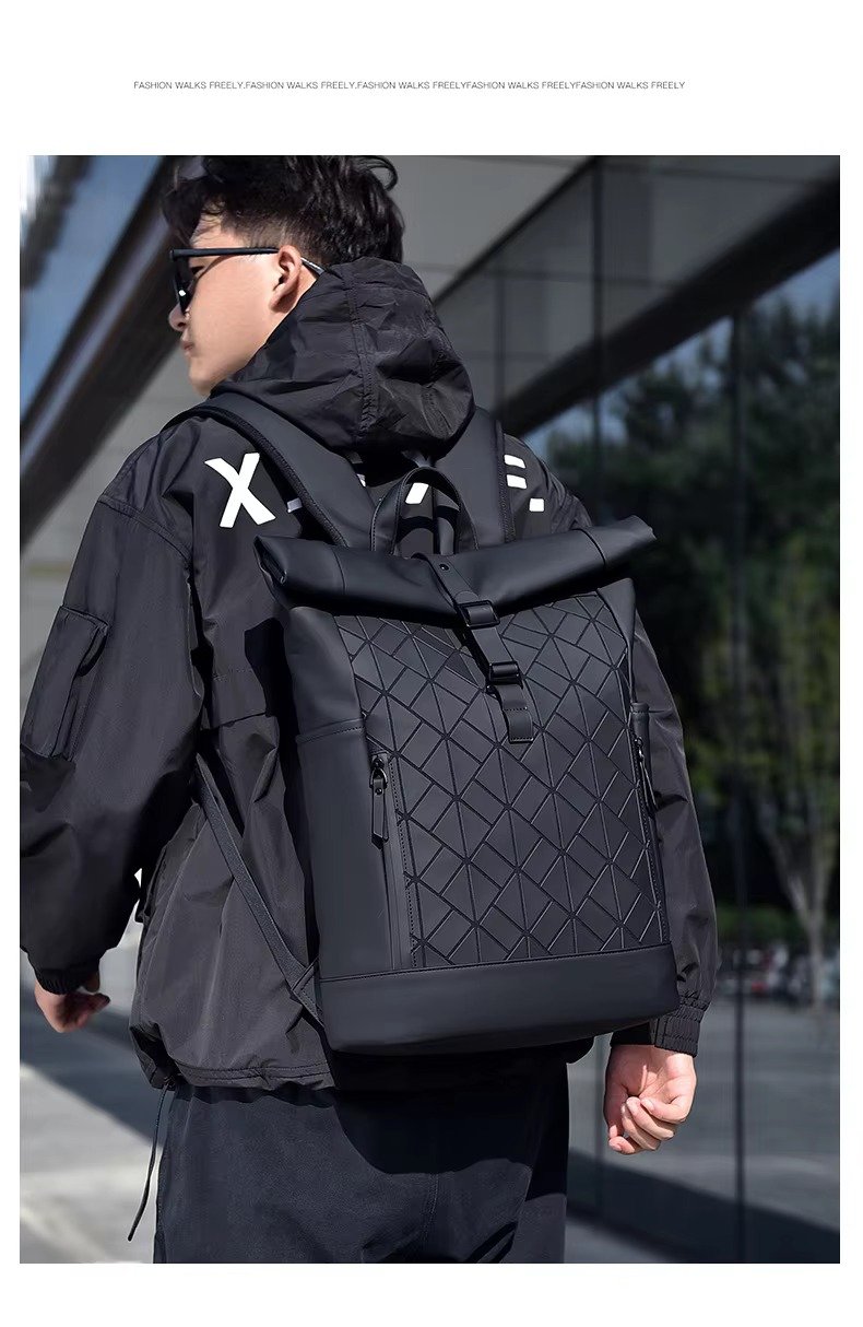 Custom Large Capacity Waterproof PU Roll Top Laptop Backpack Schoolbag Lightweight Outdoor Travel Casual Daypack detail image