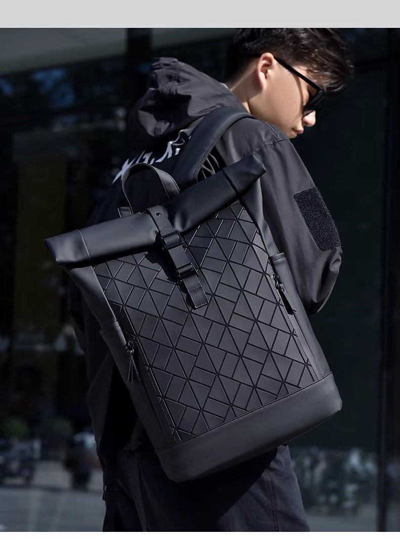 Custom Large Capacity Waterproof PU Roll Top Laptop Backpack Schoolbag Lightweight Outdoor Travel Casual Daypack detail image