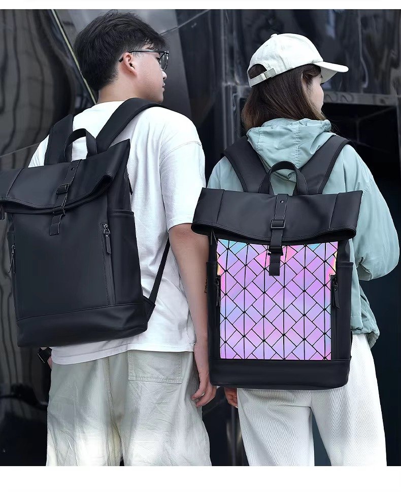 Custom Large Capacity Waterproof PU Roll Top Laptop Backpack Schoolbag Lightweight Outdoor Travel Casual Daypack detail image