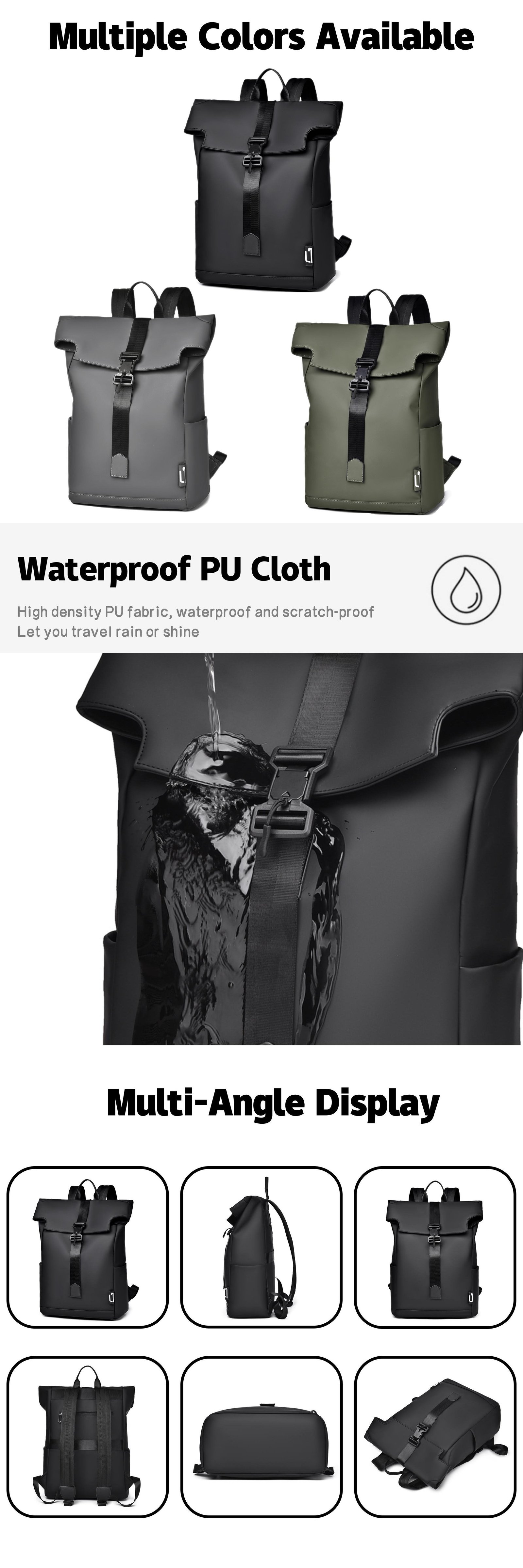 Anti-Theft Water-Resistant Business Travel School PU Leather Roll Top Backpack product detail
