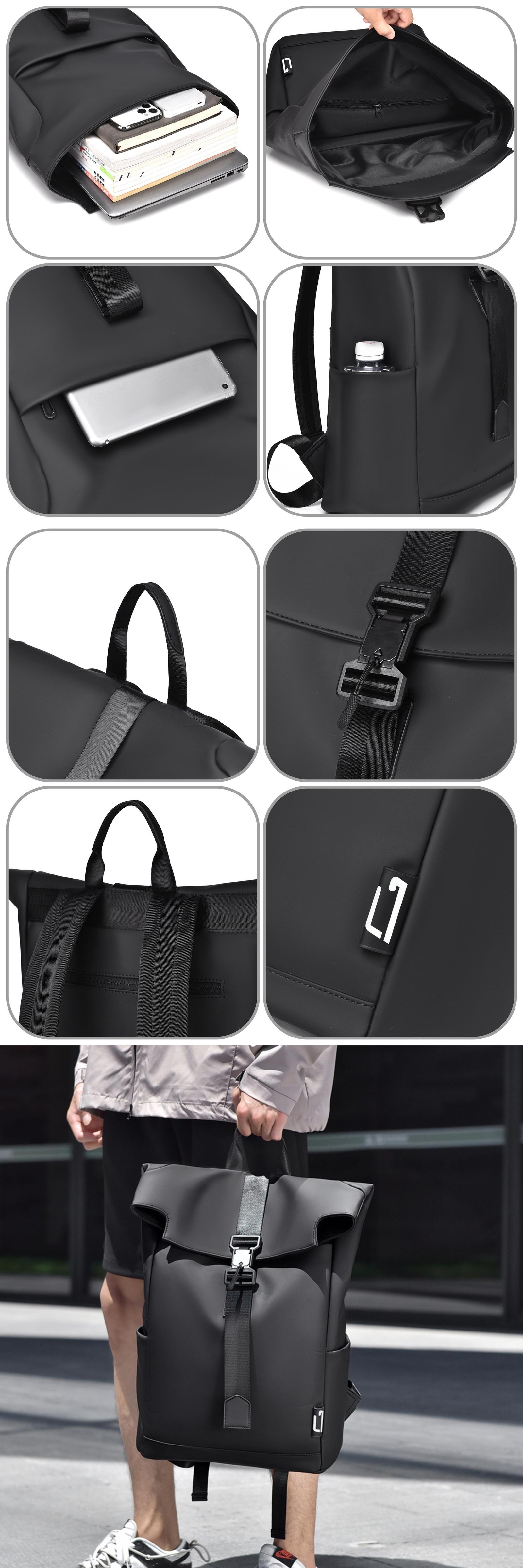 Anti-Theft Water-Resistant Business Travel School PU Leather Roll Top Backpack product detail
