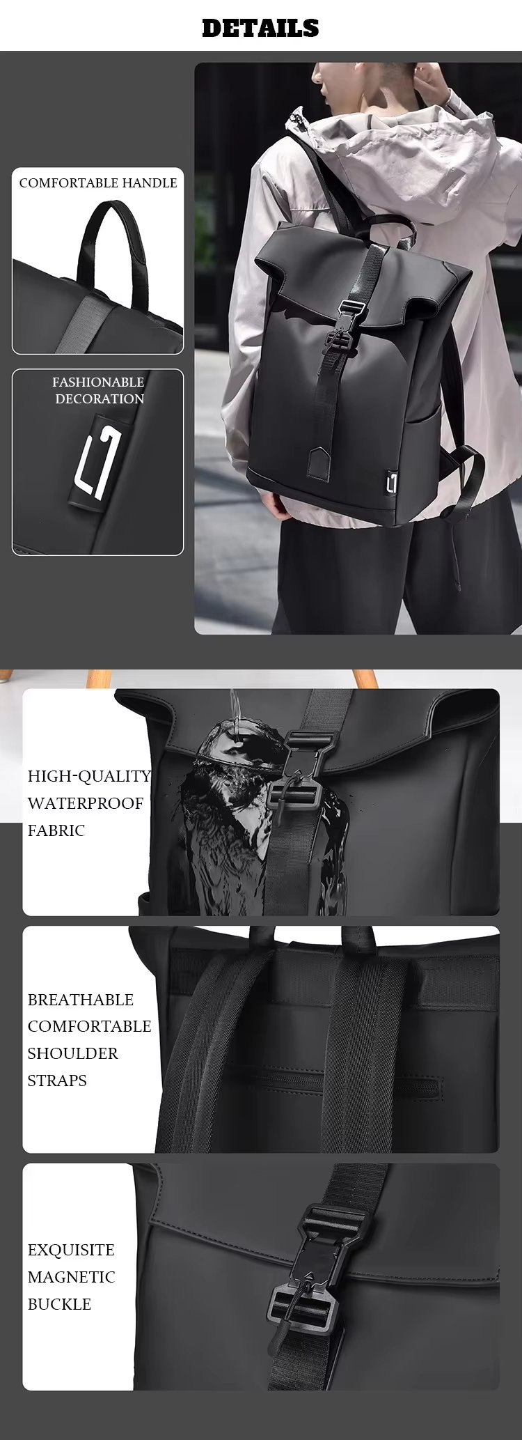 Anti-Theft Water-Resistant Business Travel School PU Leather Roll Top Backpack product detail