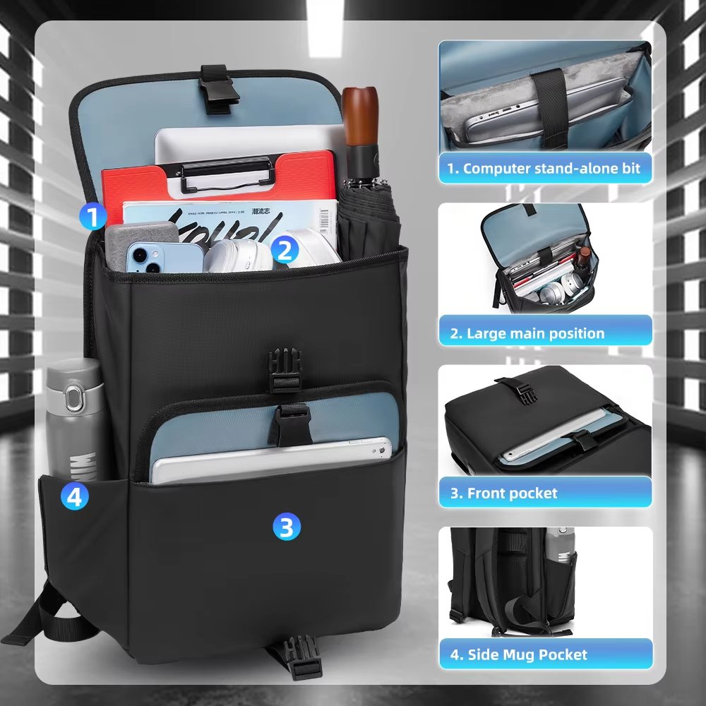 Water-Resistant Large Capacity USB Modern Business PU Leather Roll Top Backpack product detail