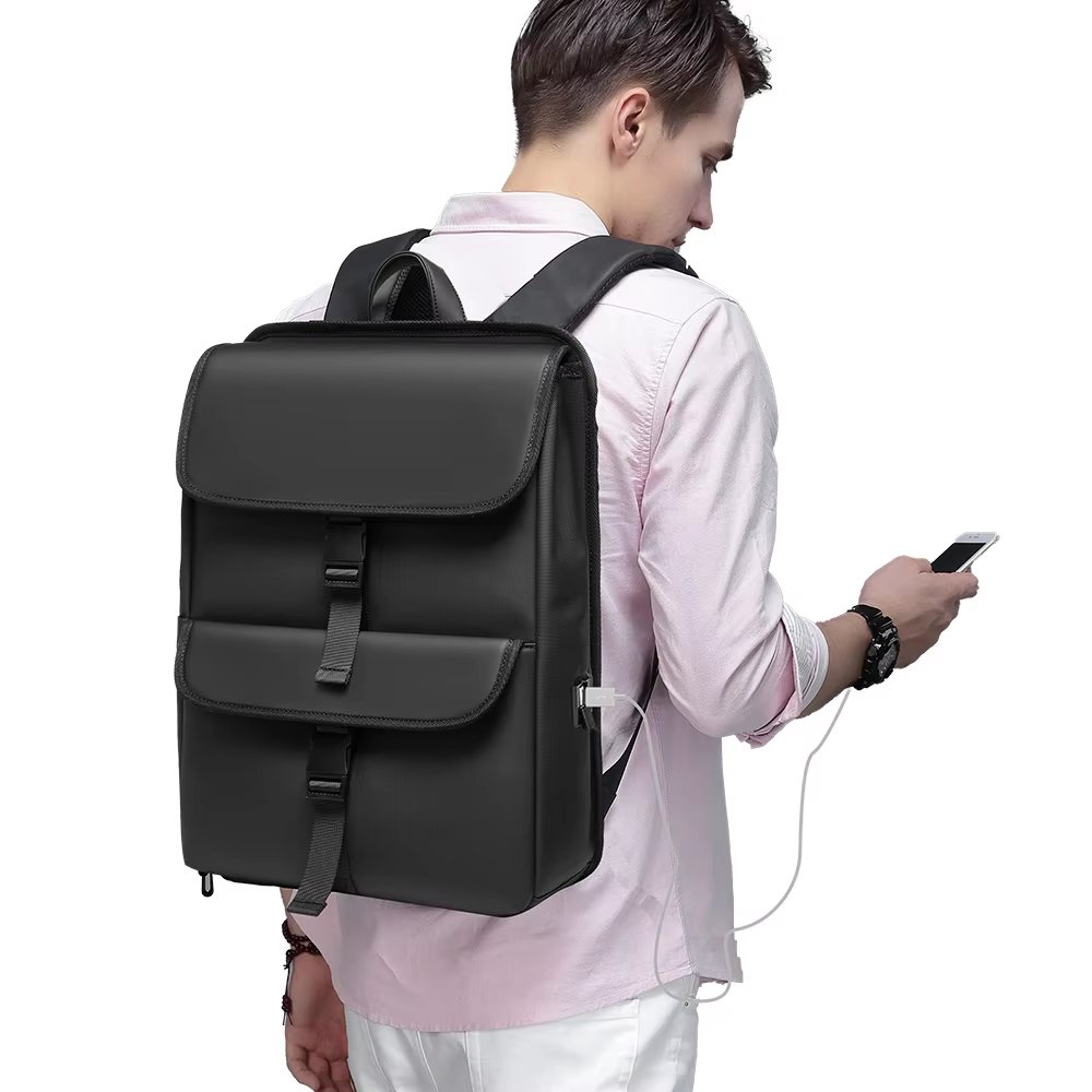 Water-Resistant Large Capacity USB Modern Business PU Leather Roll Top Backpack product detail