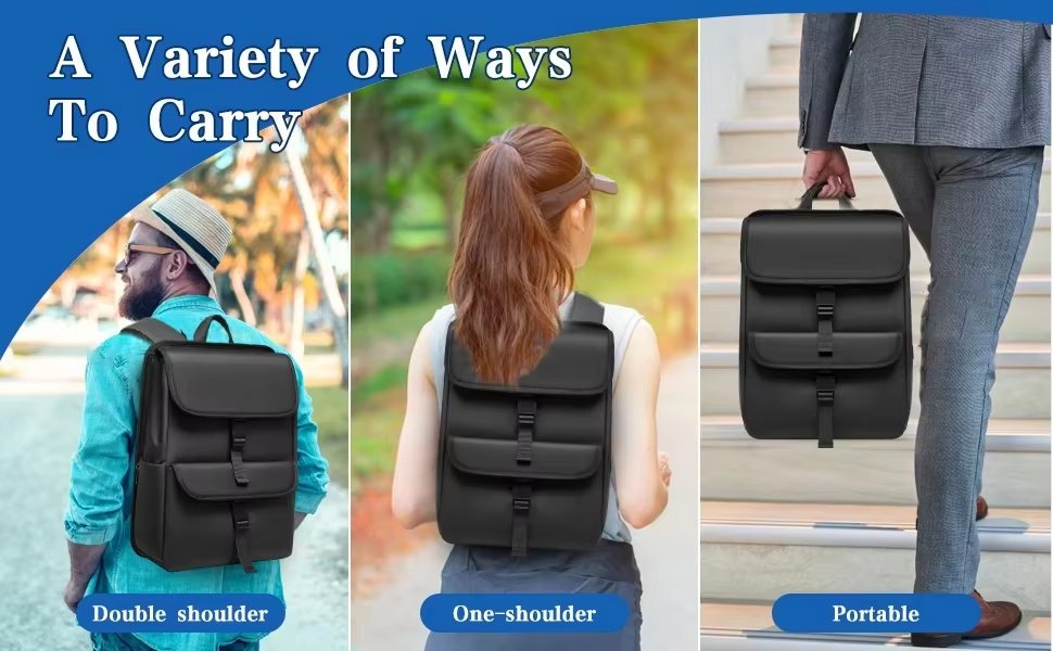 Water-Resistant Large Capacity USB Modern Business PU Leather Roll Top Backpack product detail