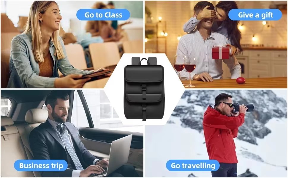 Water-Resistant Large Capacity USB Modern Business PU Leather Roll Top Backpack product detail
