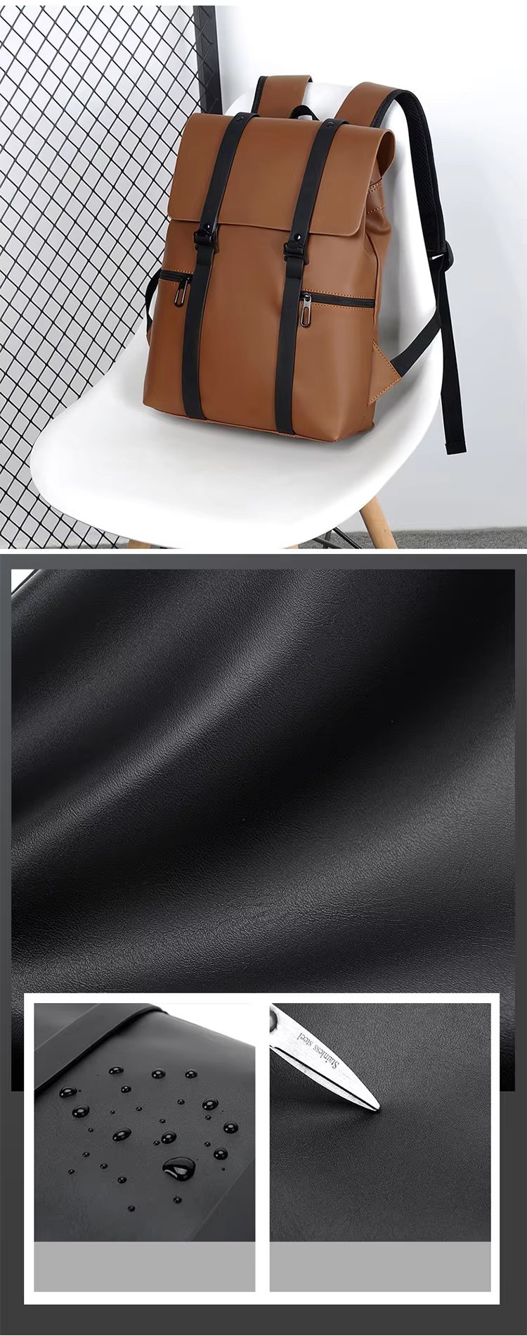 Water-Resistant Large Capacity Lightweight Modern Business PU Leather Laptop Backpack product detail