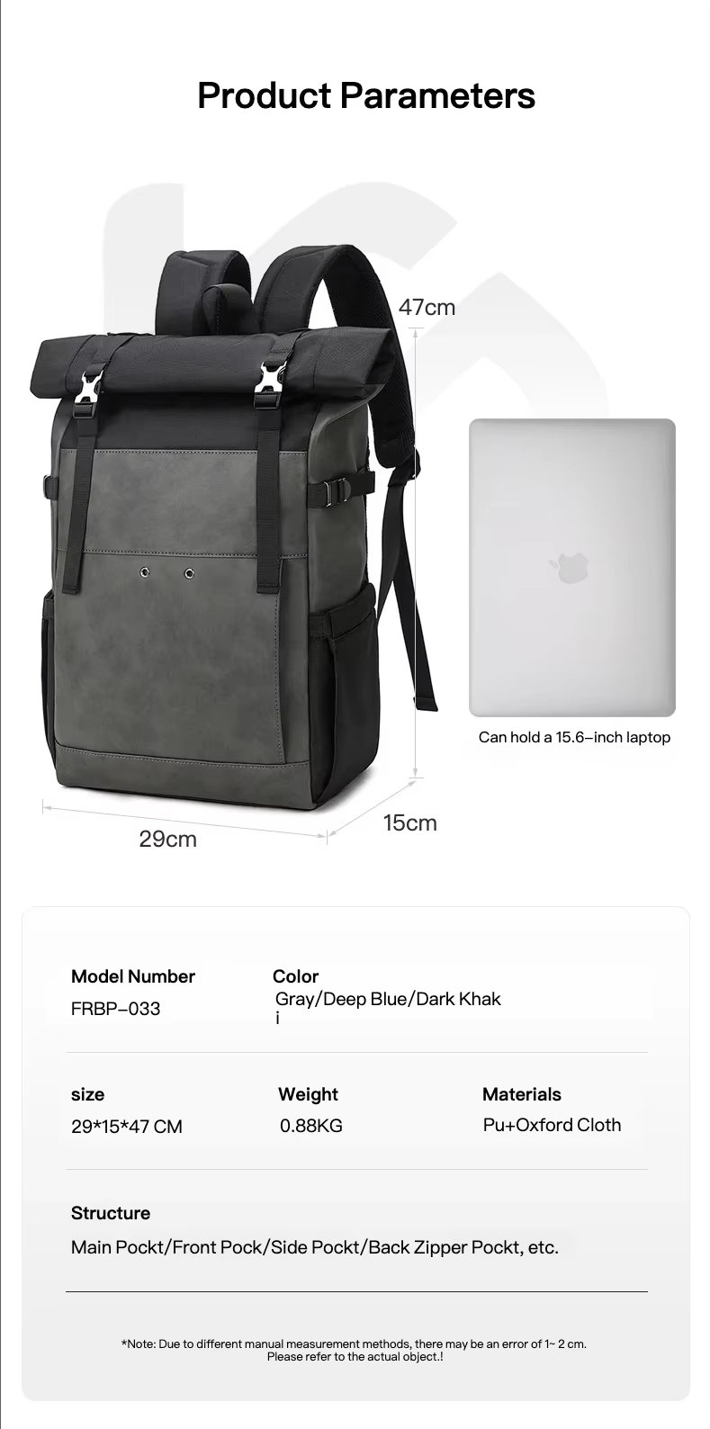 Water-Resistant Large Capacity Expandable Modern Travel PU Leather Roll Top Backpack product detail