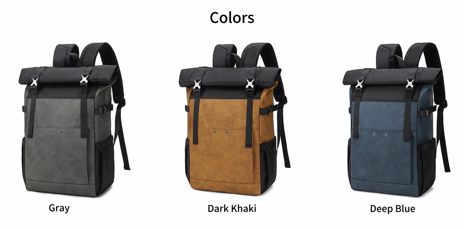 Water-Resistant Large Capacity Expandable Modern Travel PU Leather Roll Top Backpack product detail