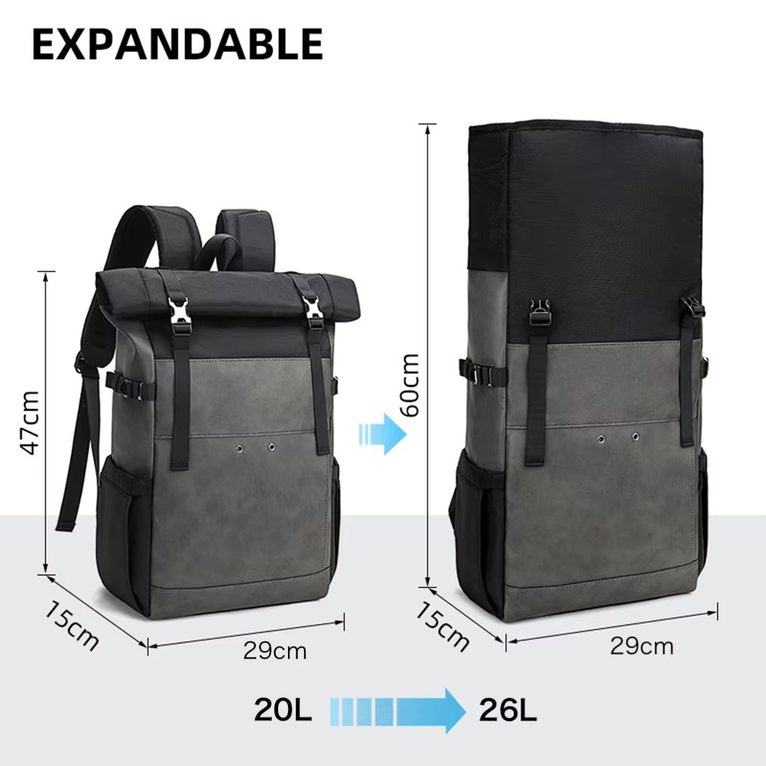 Water-Resistant Large Capacity Expandable Modern Travel PU Leather Roll Top Backpack product detail