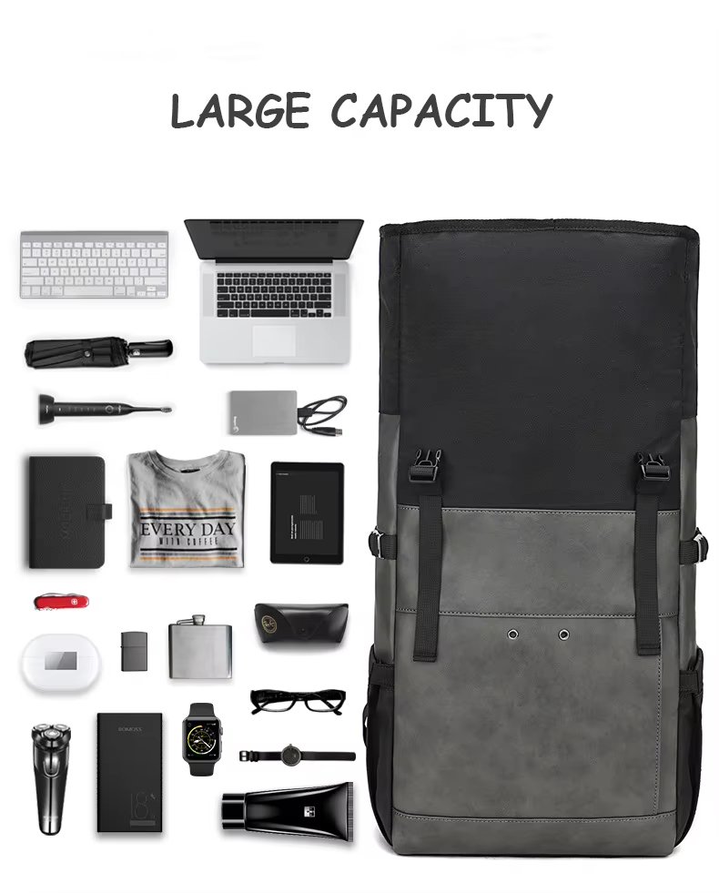 Water-Resistant Large Capacity Expandable Modern Travel PU Leather Roll Top Backpack product detail