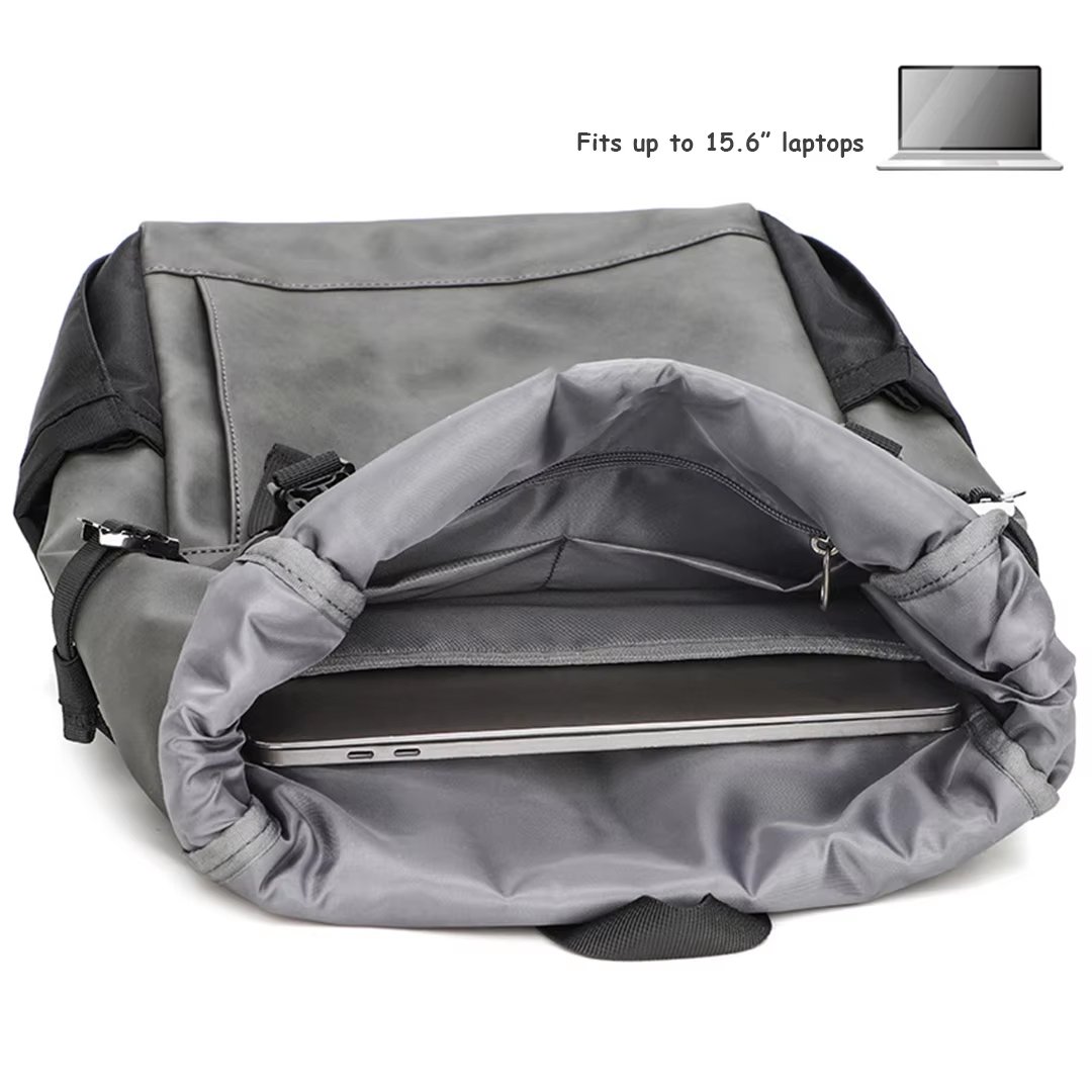 Water-Resistant Large Capacity Expandable Modern Travel PU Leather Roll Top Backpack product detail