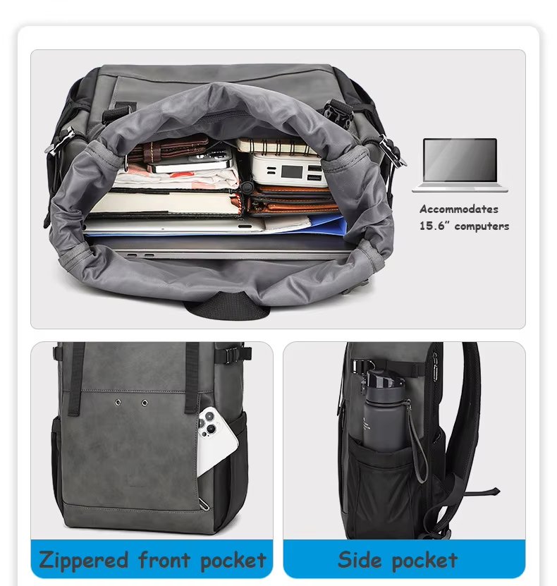 Water-Resistant Large Capacity Expandable Modern Travel PU Leather Roll Top Backpack product detail