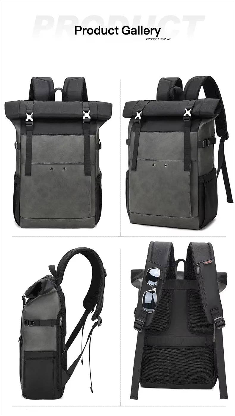Water-Resistant Large Capacity Expandable Modern Travel PU Leather Roll Top Backpack product detail