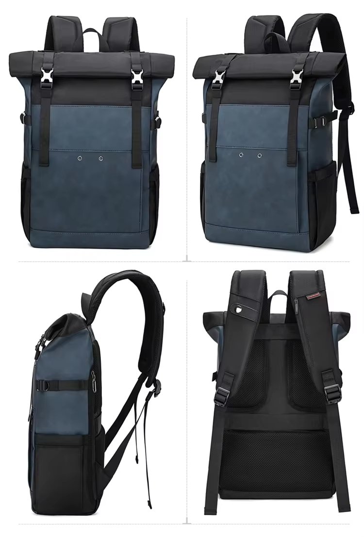 Water-Resistant Large Capacity Expandable Modern Travel PU Leather Roll Top Backpack product detail