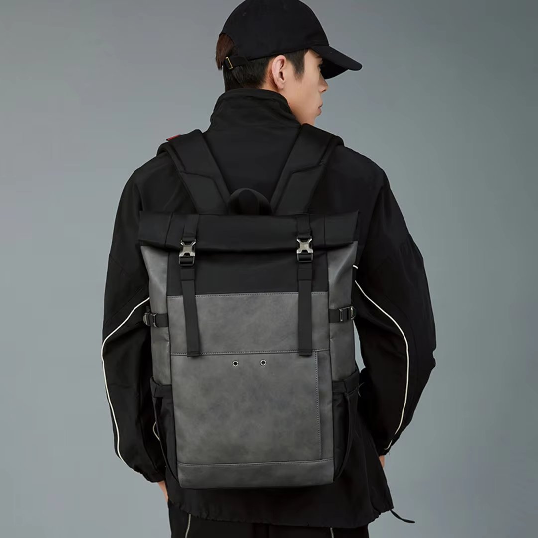 Water-Resistant Large Capacity Expandable Modern Travel PU Leather Roll Top Backpack product detail