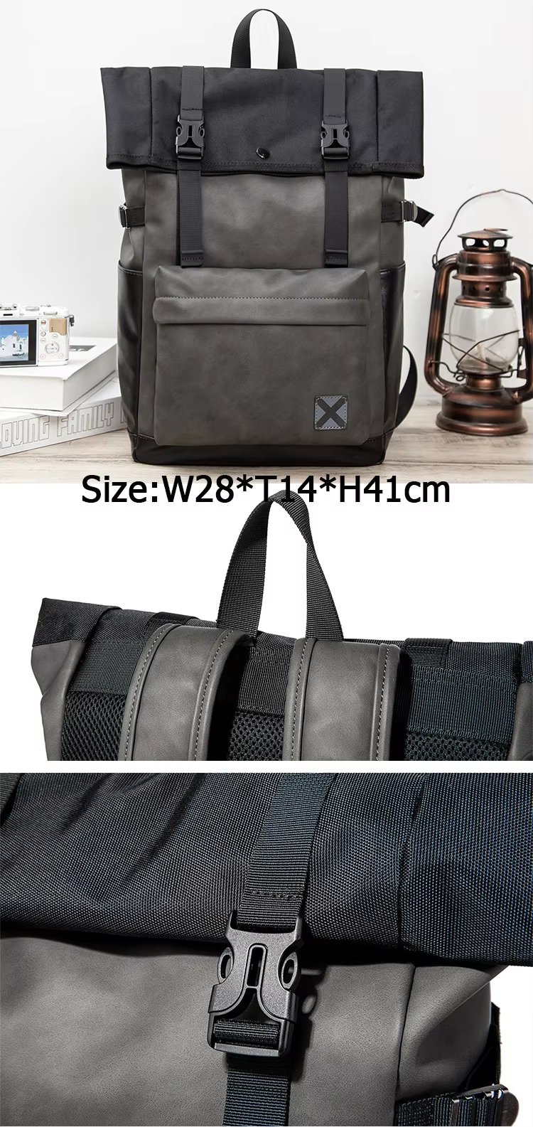 Water-Resistant Vintage Modern Outdoor Travel PU Leather Roll Top Backpack product detail