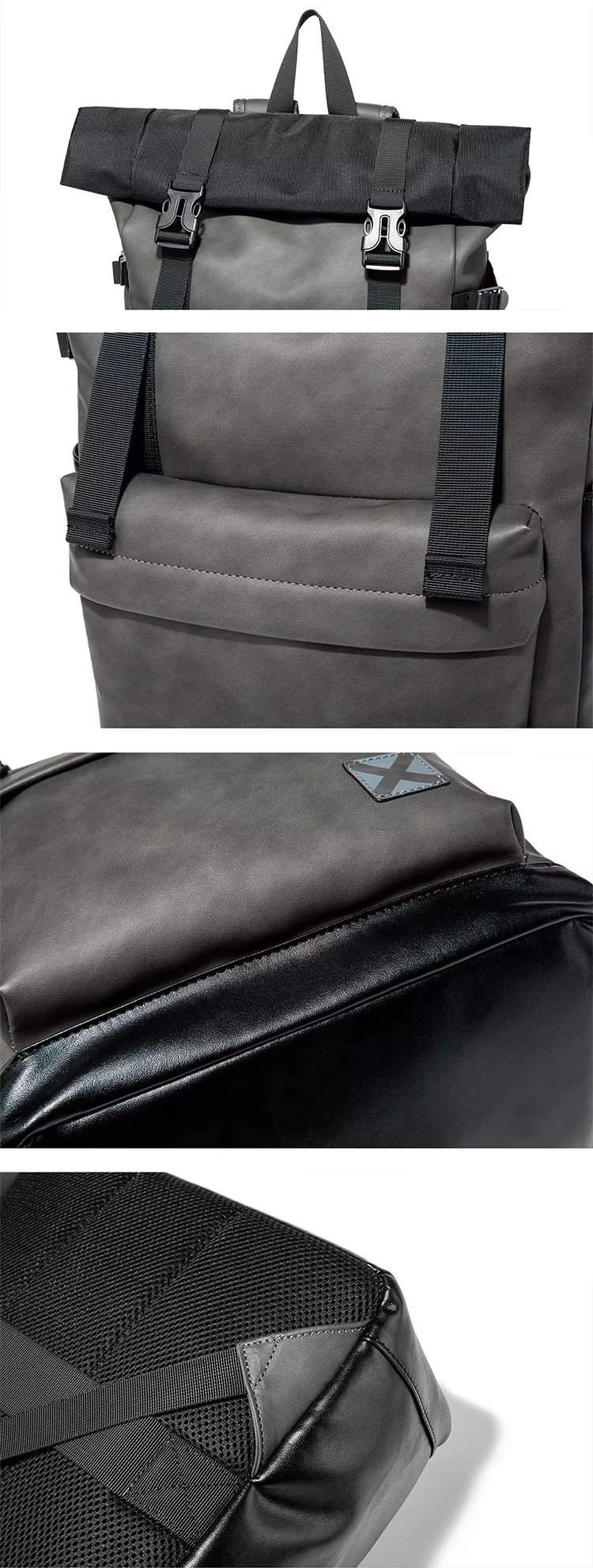 Water-Resistant Vintage Modern Outdoor Travel PU Leather Roll Top Backpack product detail