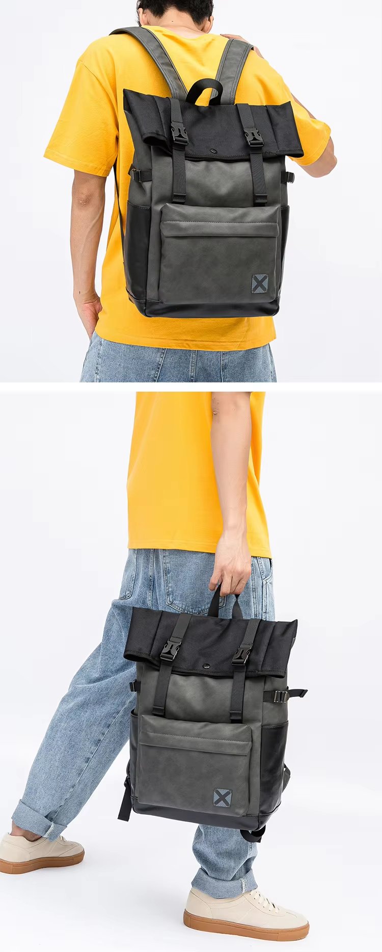 Water-Resistant Vintage Modern Outdoor Travel PU Leather Roll Top Backpack product detail
