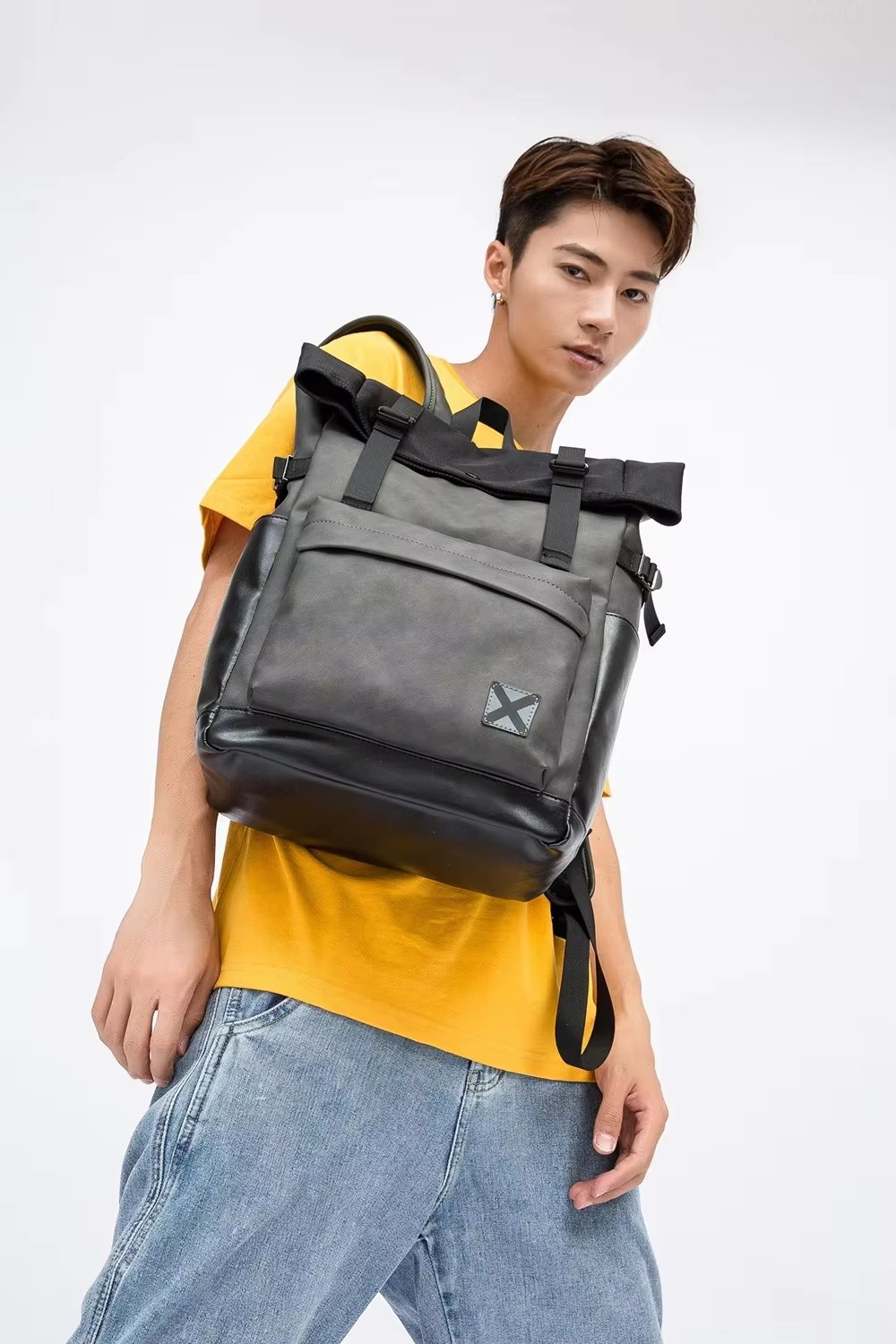 Water-Resistant Vintage Modern Outdoor Travel PU Leather Roll Top Backpack product detail