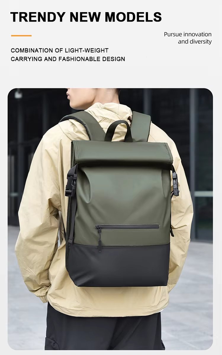 Water-Resistant Large Capacity Travel School Casual PU Leather Roll Top Backpack product detail