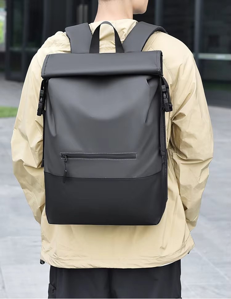 Water-Resistant Large Capacity Travel School Casual PU Leather Roll Top Backpack product detail