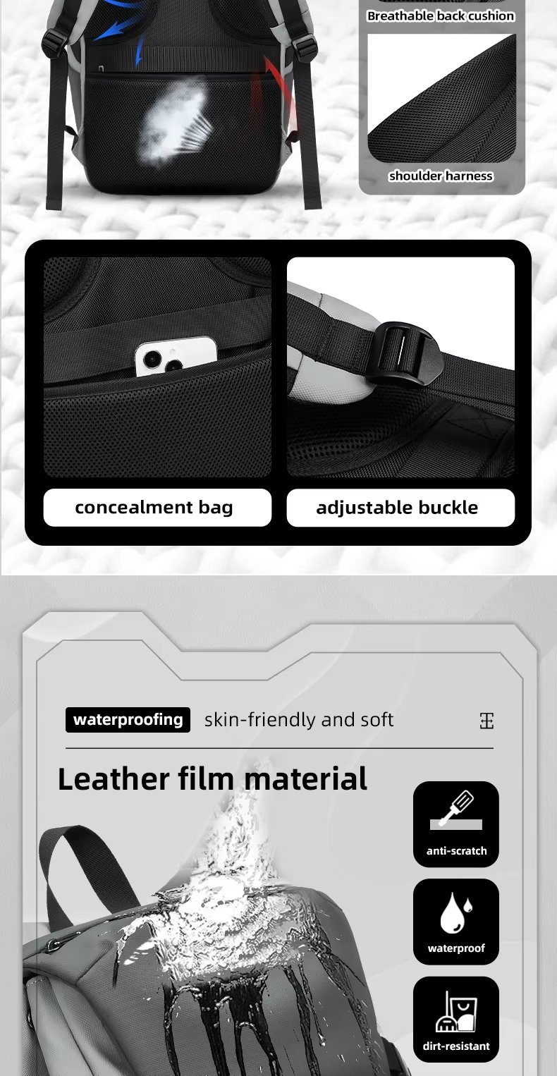 Anti-Theft Water-Resistant Modern Business Travel PU Leather Laptop Backpack product detail