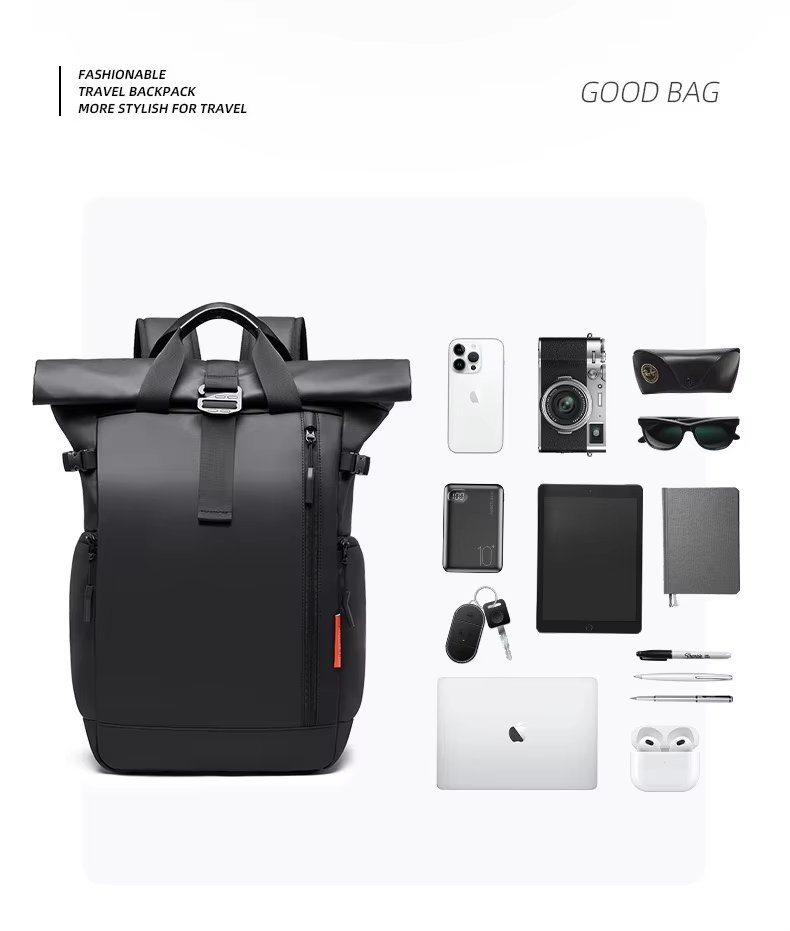 Water-Resistant Expandable Modern School Casual PU Leather Roll Top Backpack product detail